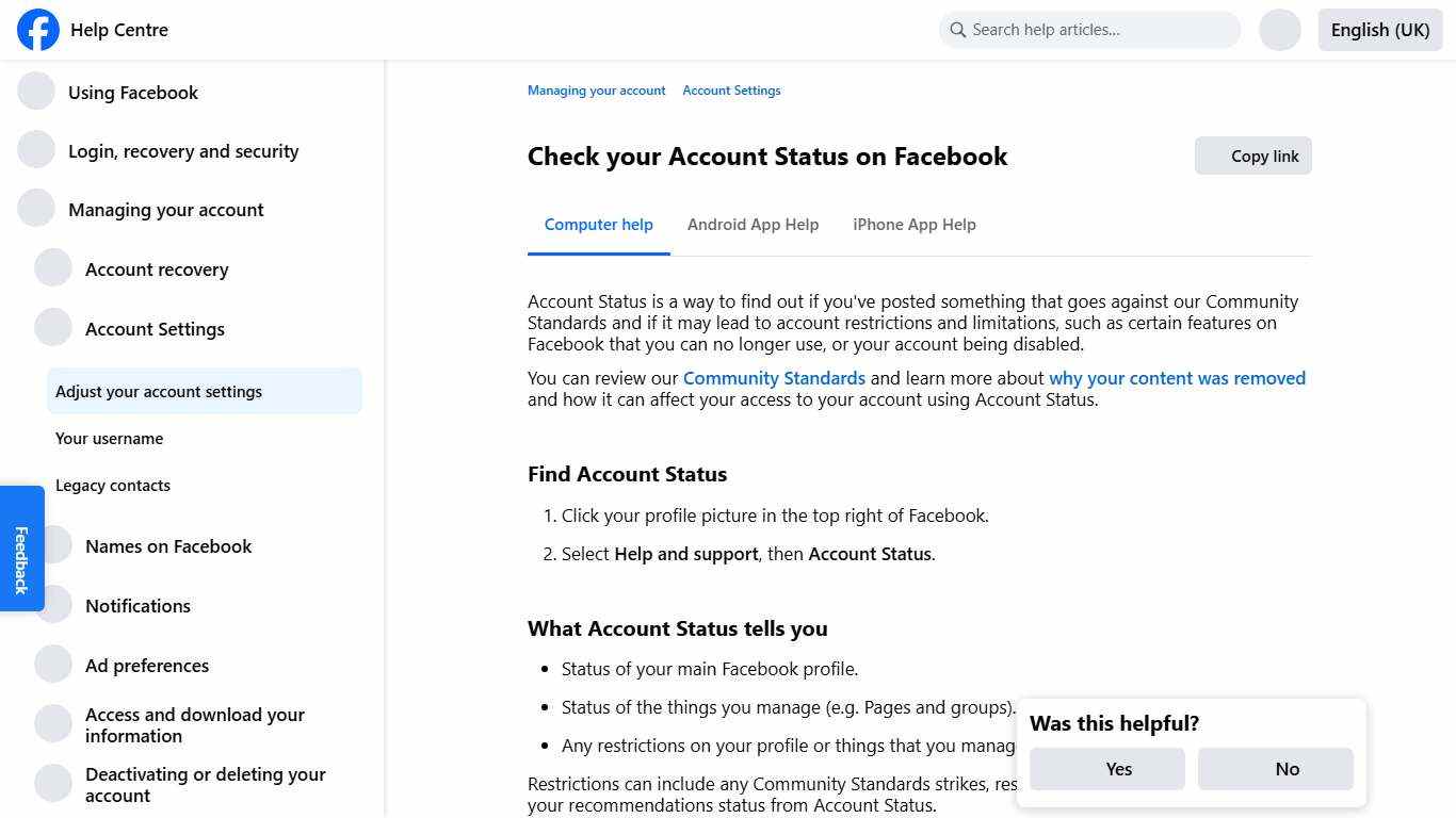 Check your Account Status on Facebook | Facebook Help Centre
