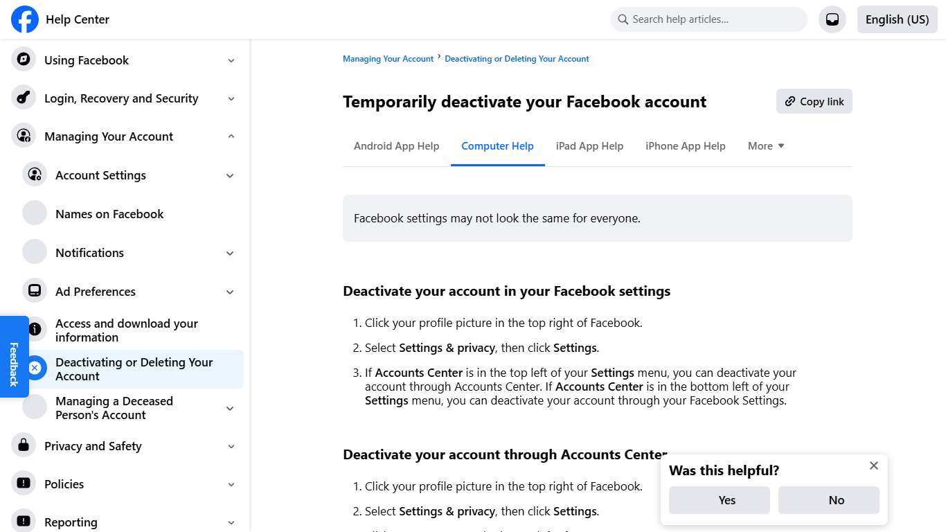 Temporarily deactivate your Facebook account | Facebook Help Center